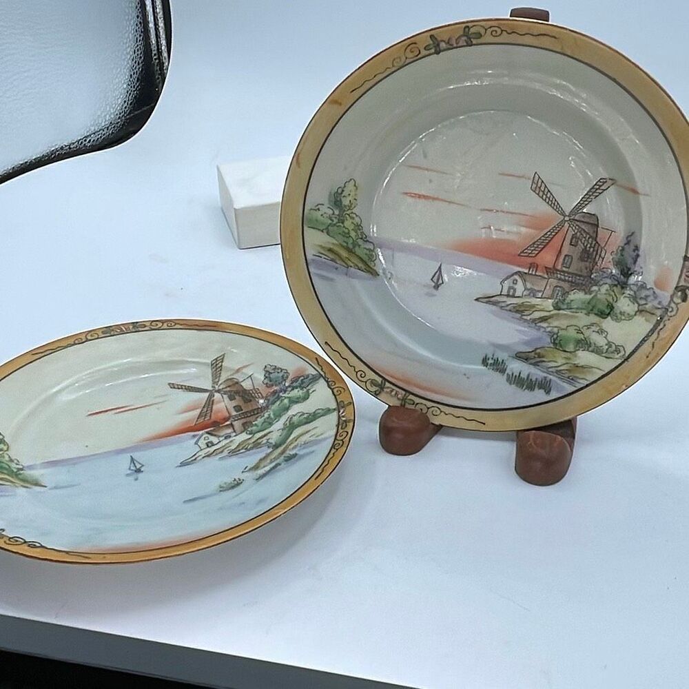 Vintage Nippon Japan Handpainted windmill design plates.